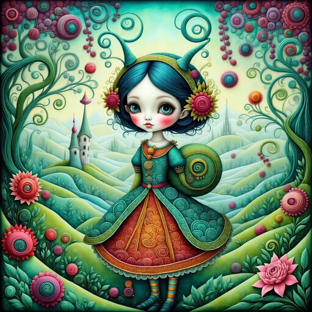 Gothic Little Snail Girl in a Whimsical Dreamscape