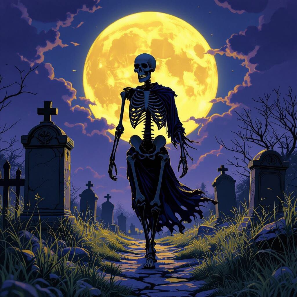 Skeleton in Moonlit Graveyard: Dark Fantasy Art