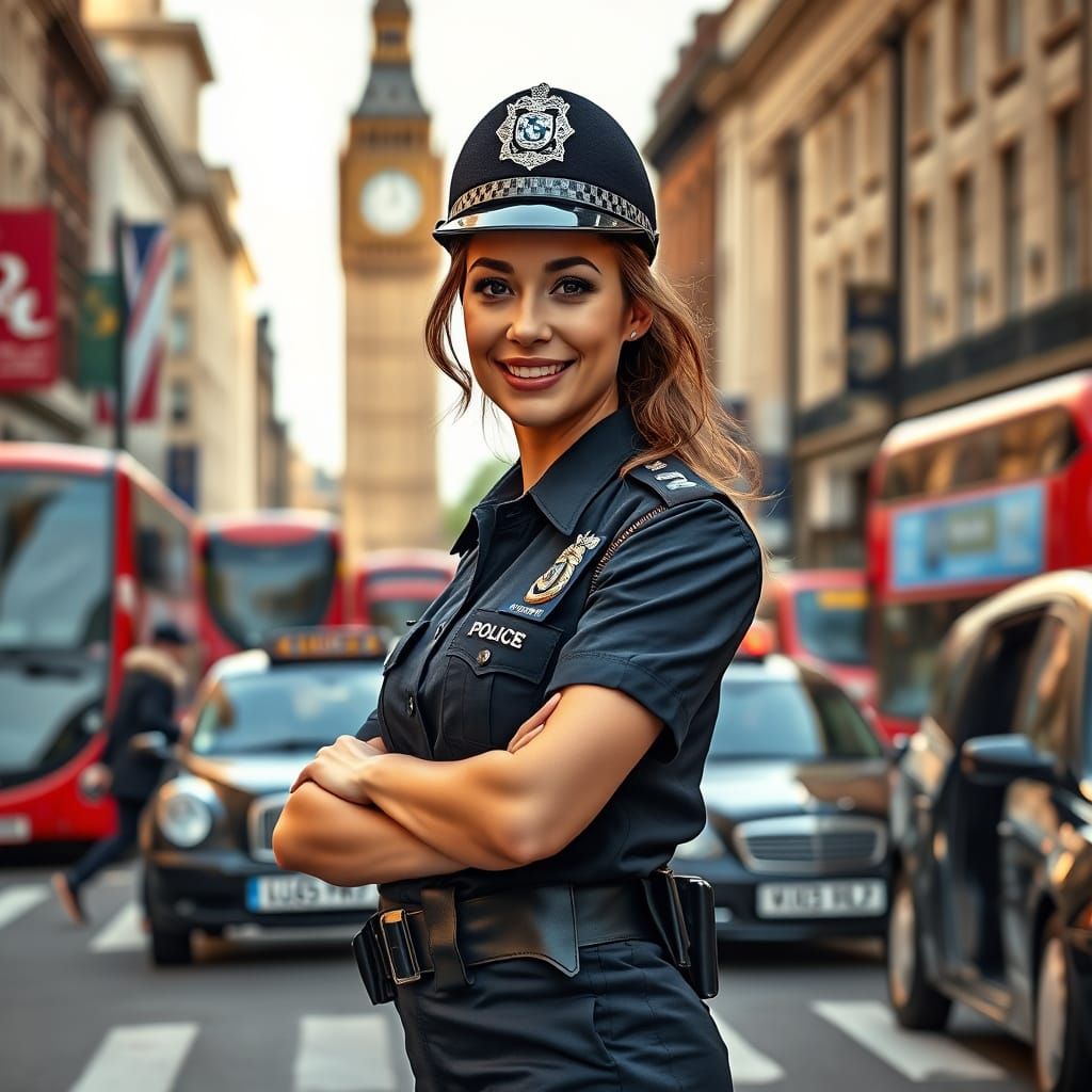 Confident British Policewoman in Bustling London Street