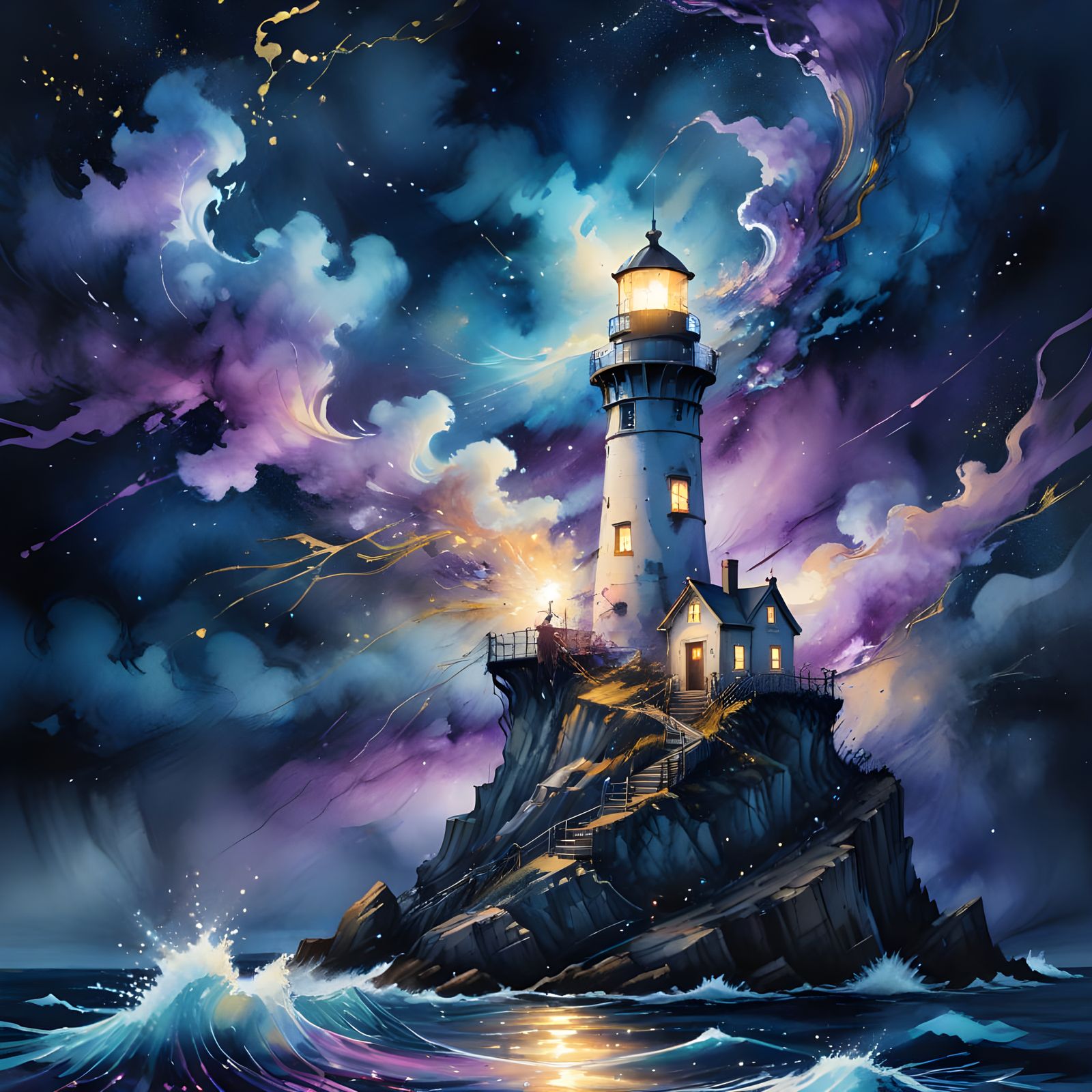 Dreamlike Lighthouse Shines in Surreal Midnight Oceanscape