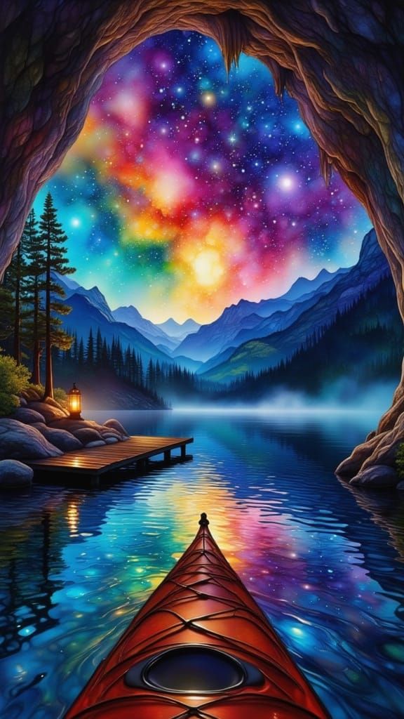 <lora:PR AlcoholWCGlass:1.0> First-person perspective from inside a kayak, gliding out of a dark cave and into an open l...