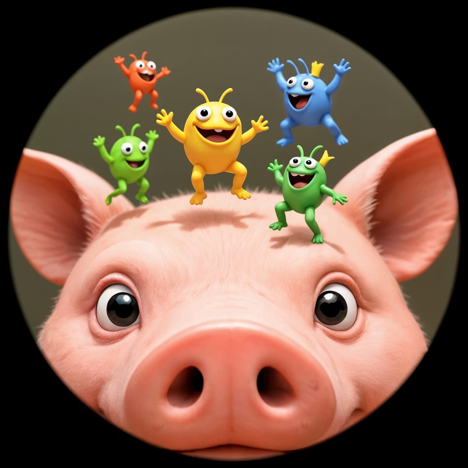 Cheerful Microbes Dancing on Pig's Back Under Microscope