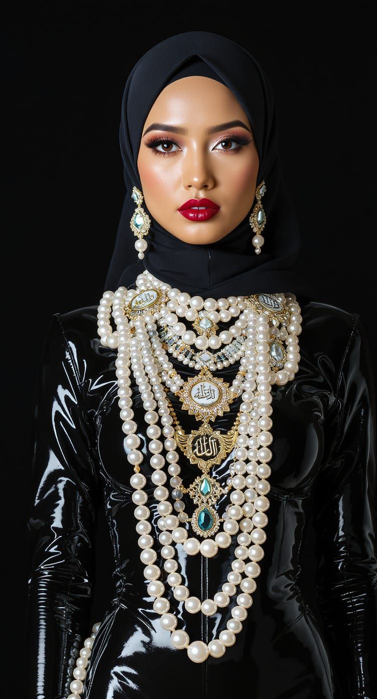 Asian Woman in Latex with Pearl Body Chain and Arabic Jewelr...