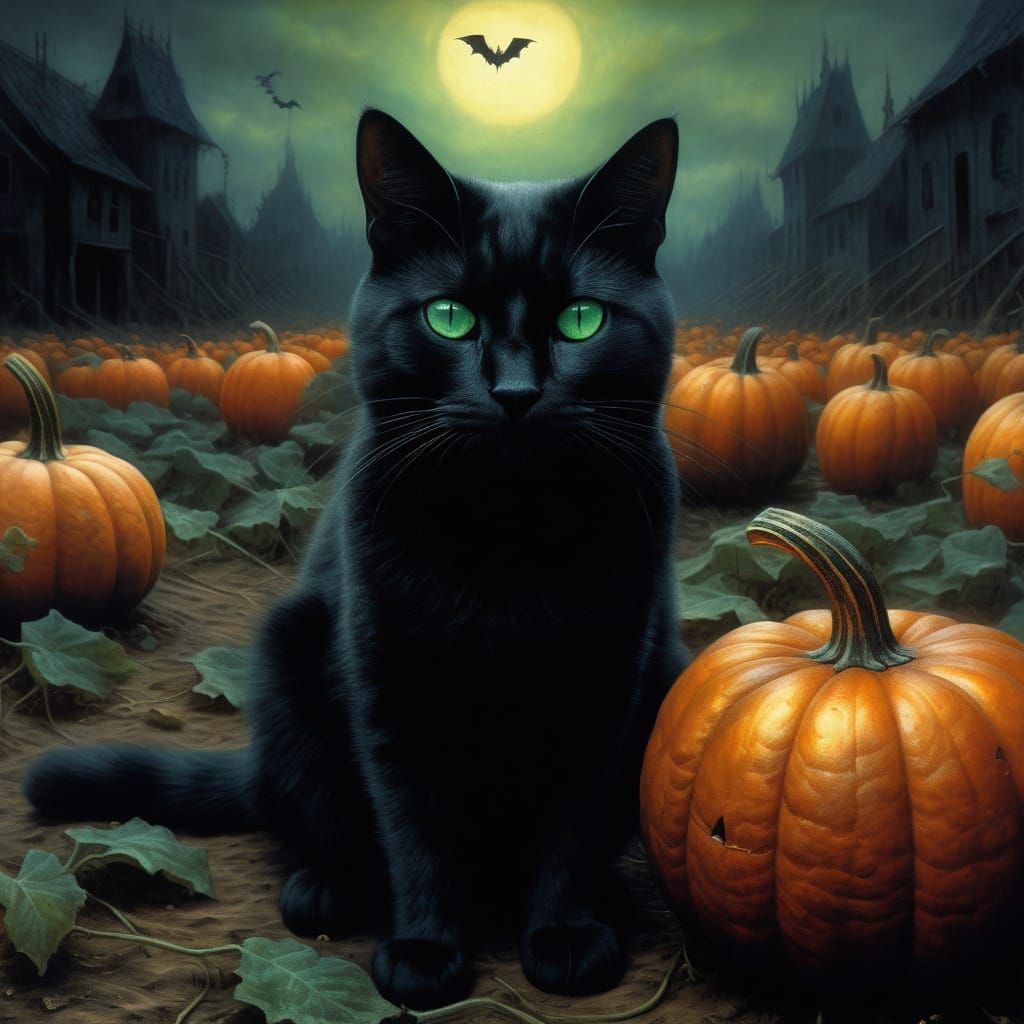 Gothic Black Cat in Luminescent Pumpkin Patch Oil Painting