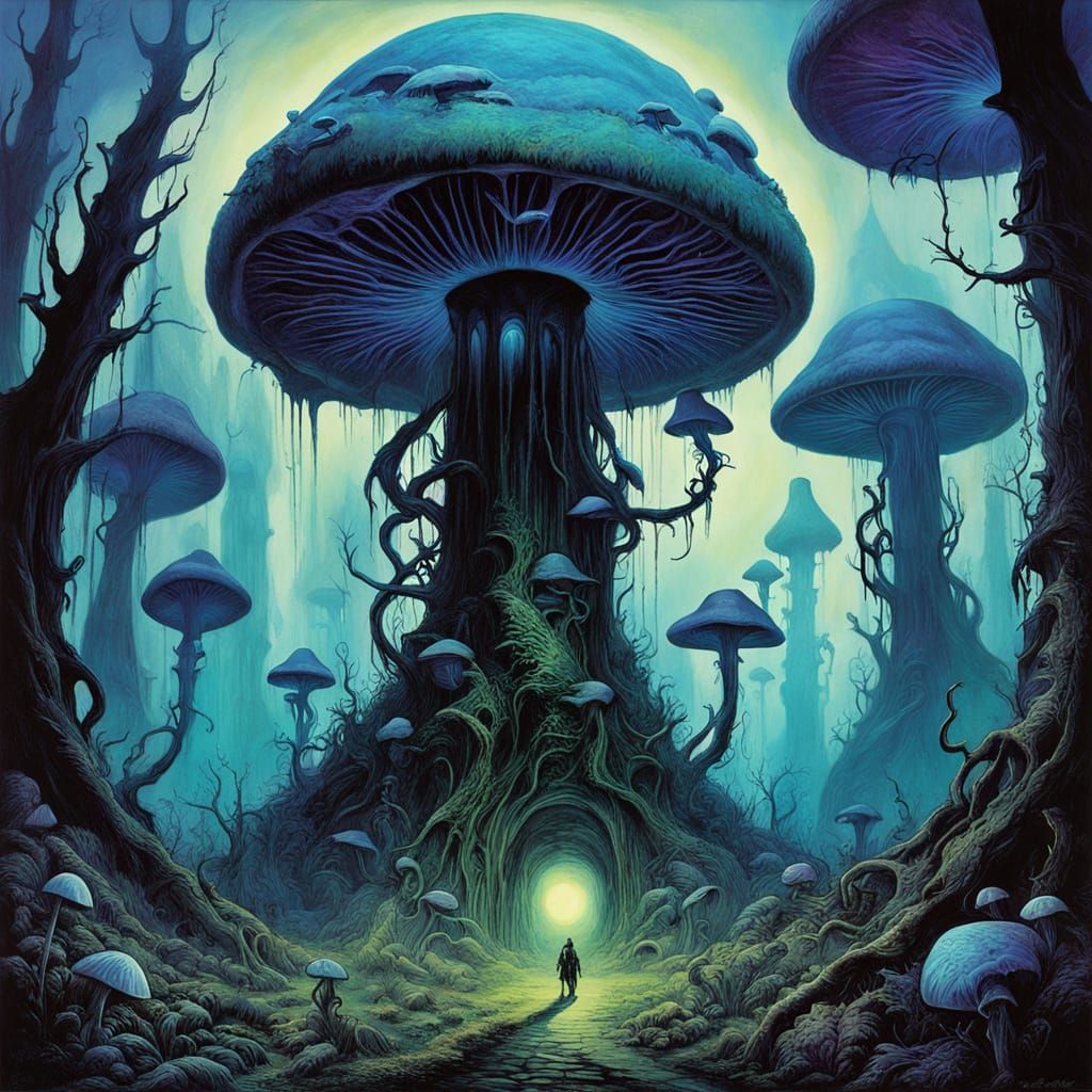 Bioluminescent Mushroom Forest Under Cosmic Sky