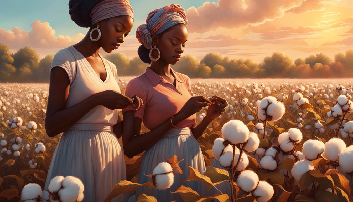 Women Harvesting Cotton in Sunlit Field: Digital Gouache