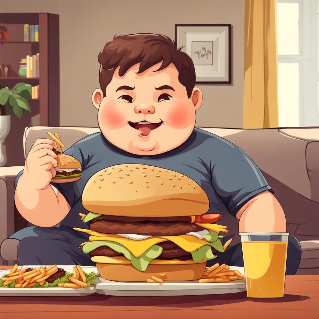 Cute Boy Eating Hamburger in Living Room