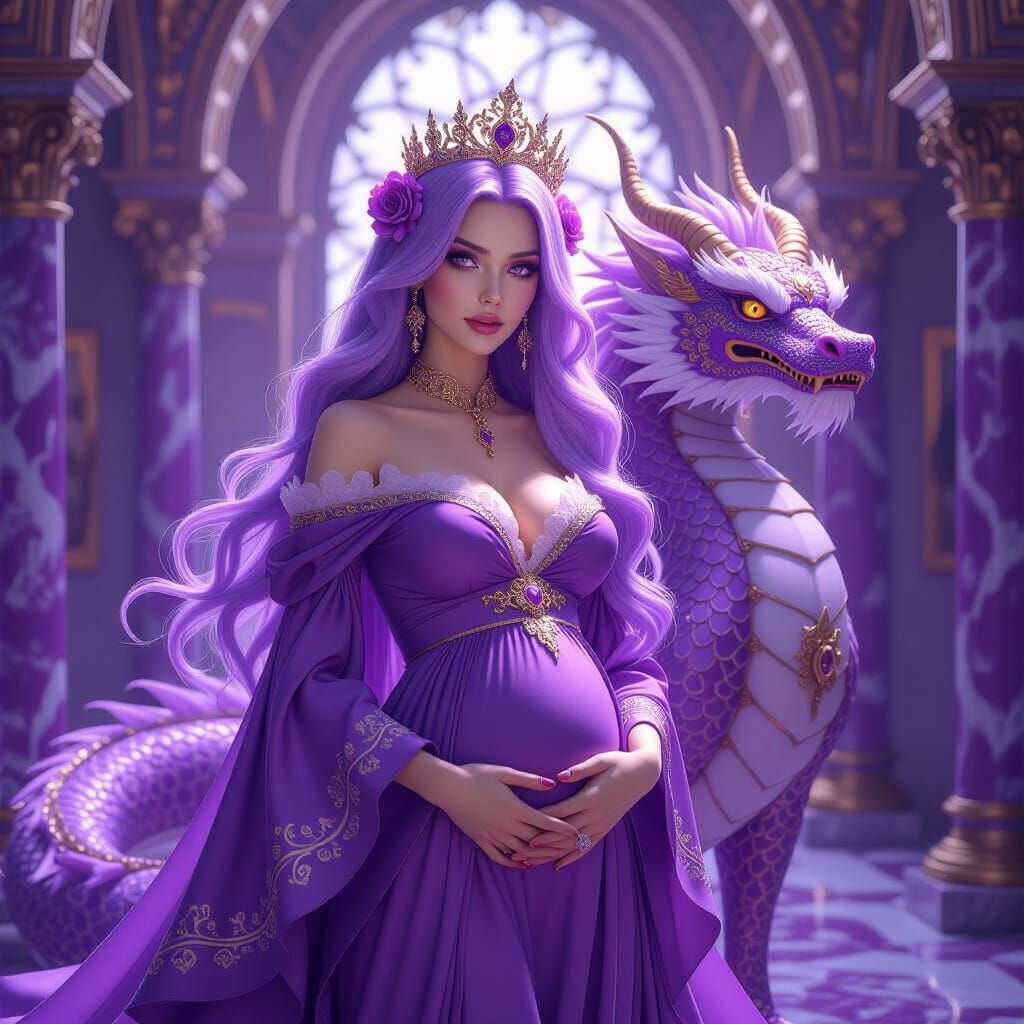 Gothic Queen with Dragon in Purple & Gold Marble Room