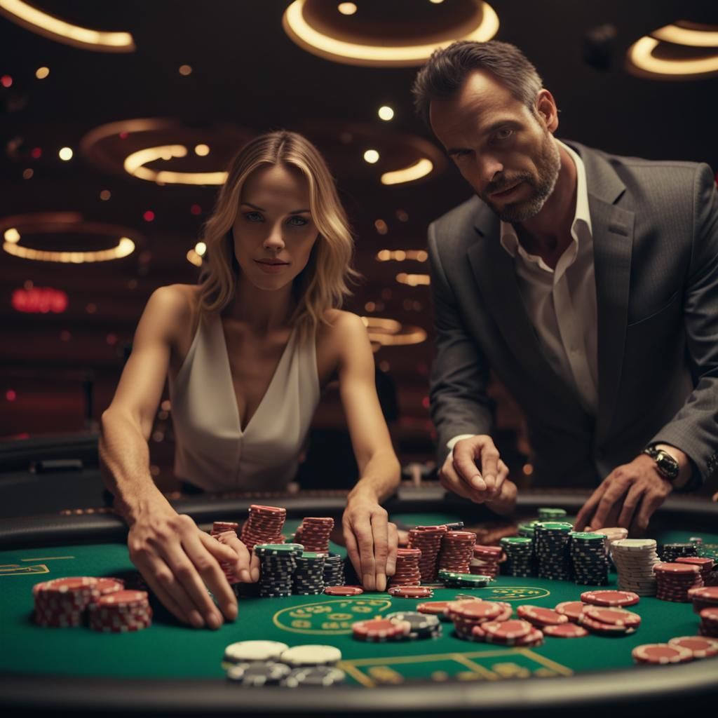 A man and woman counting casino chips after a big win on the...