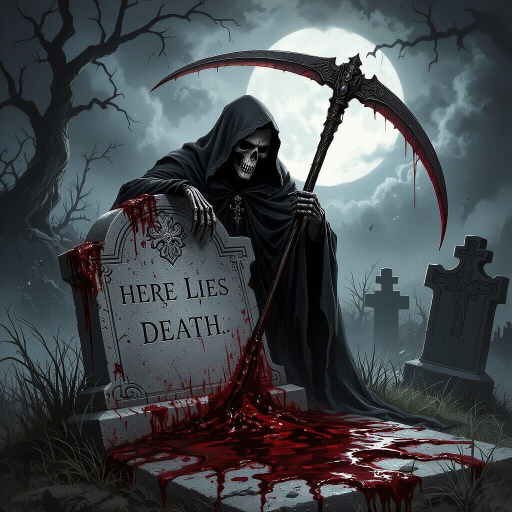 Grim Scene of Death's Scythe on a Blood-Soaked Grave