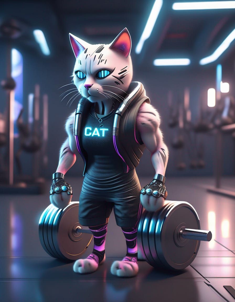 Cyberpunk Cat Personal Trainer in Futuristic Gym