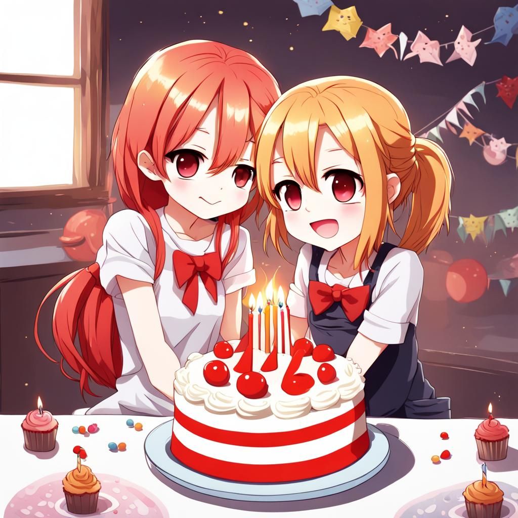 Chibi Girls Celebrate Birthday in Anime Style