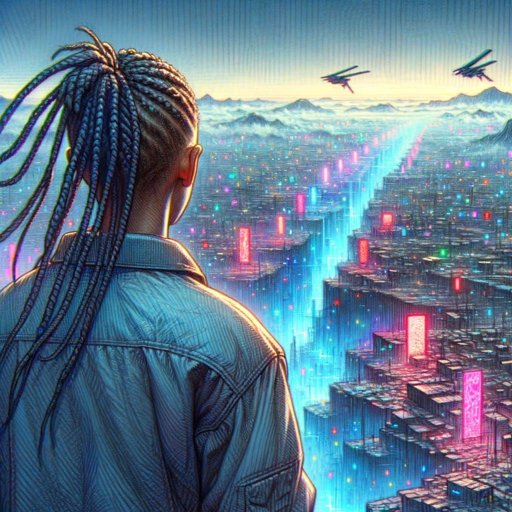 Anime Illustration: Neon Chasm Cityscape in Color Pencil