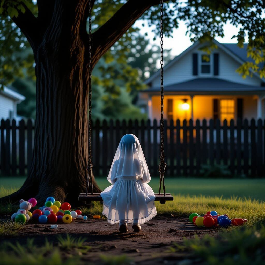 Melancholic Ghost Child in Backyard at Twilight