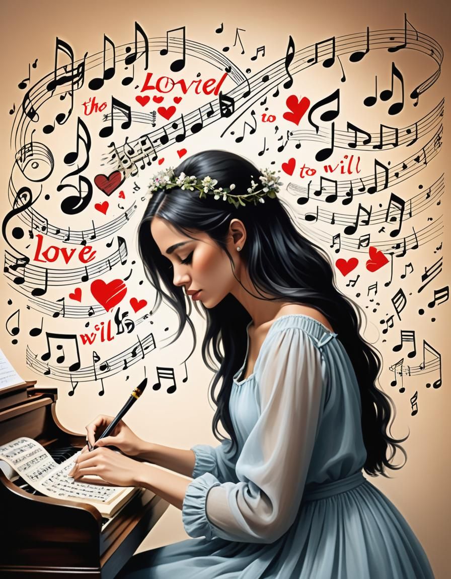 Young Woman Writing a Love Song, Music Floating