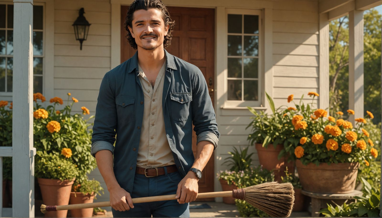 Orlando Bloom Smiling with Broom in Hand on Sunny Porch