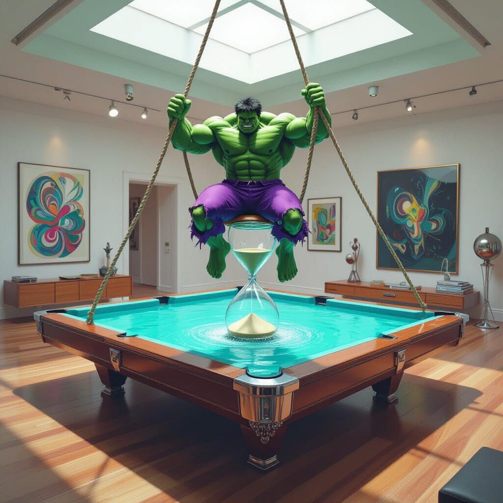 Hulk Swings Above Hourglass Pool in Art Gallery
