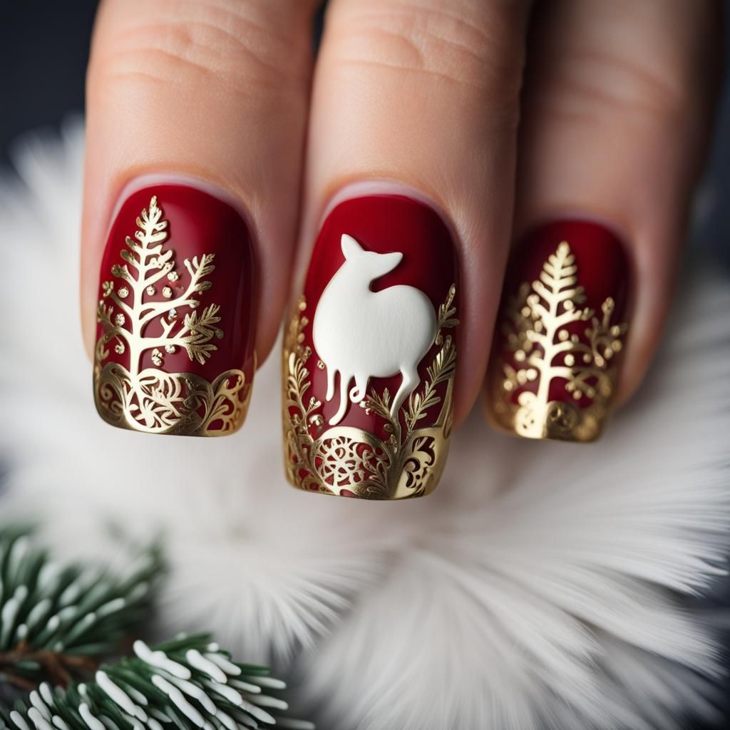 Red Nails with Gold Woodland Filigree