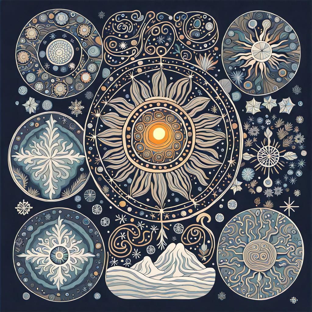 Stylized Sun with Mystical Symbols in Folk Art