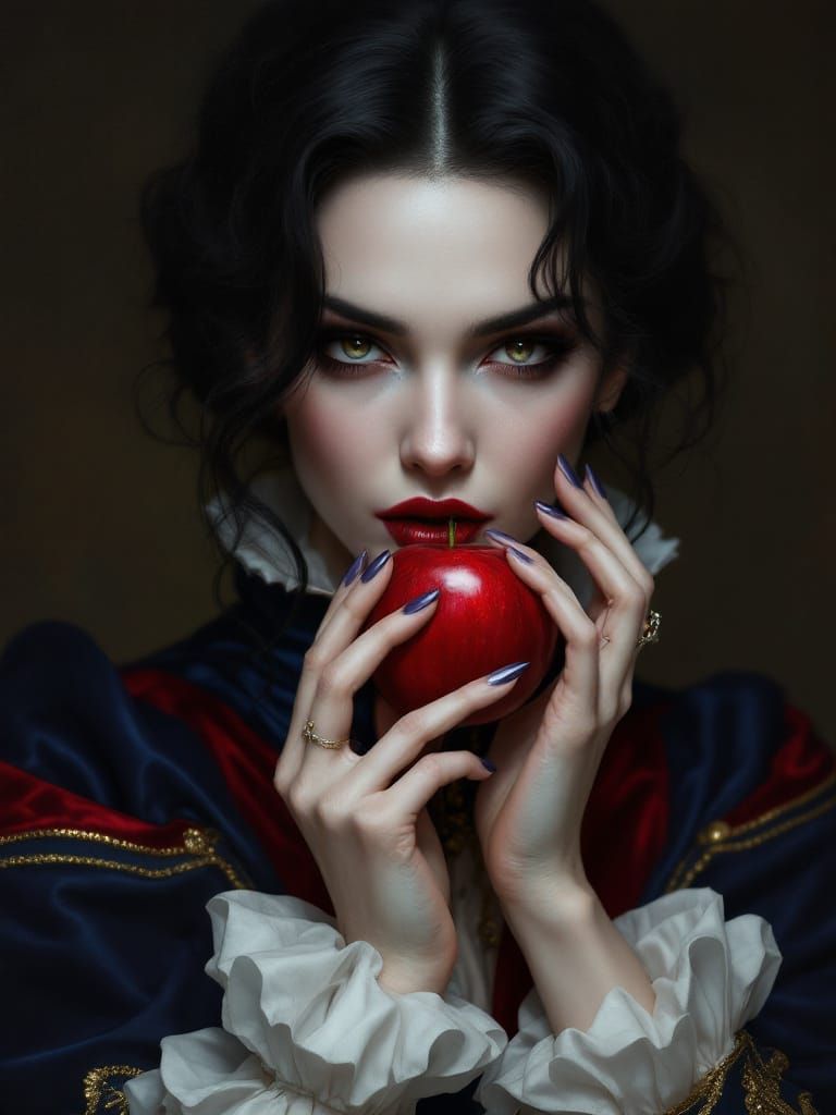Sinister Queen Holds Apple in Enchanted Forest