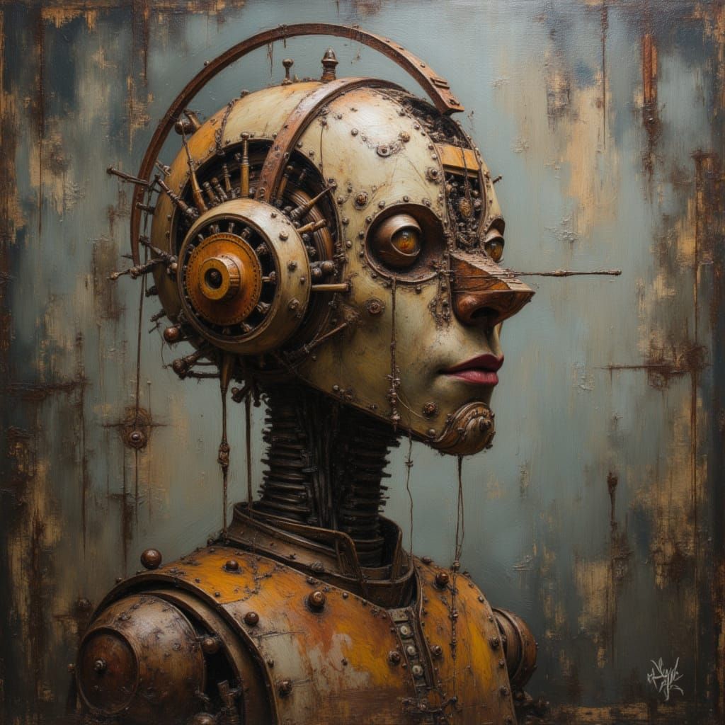 Felt Robot Portrait with Wooden Mechanisms in Impasto Style