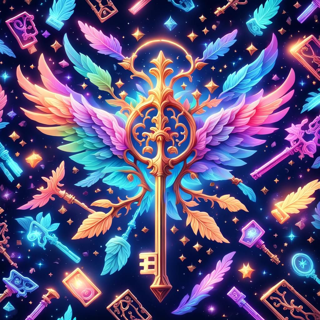 Magic Flying Keys and Neon Tree: Digital Art
