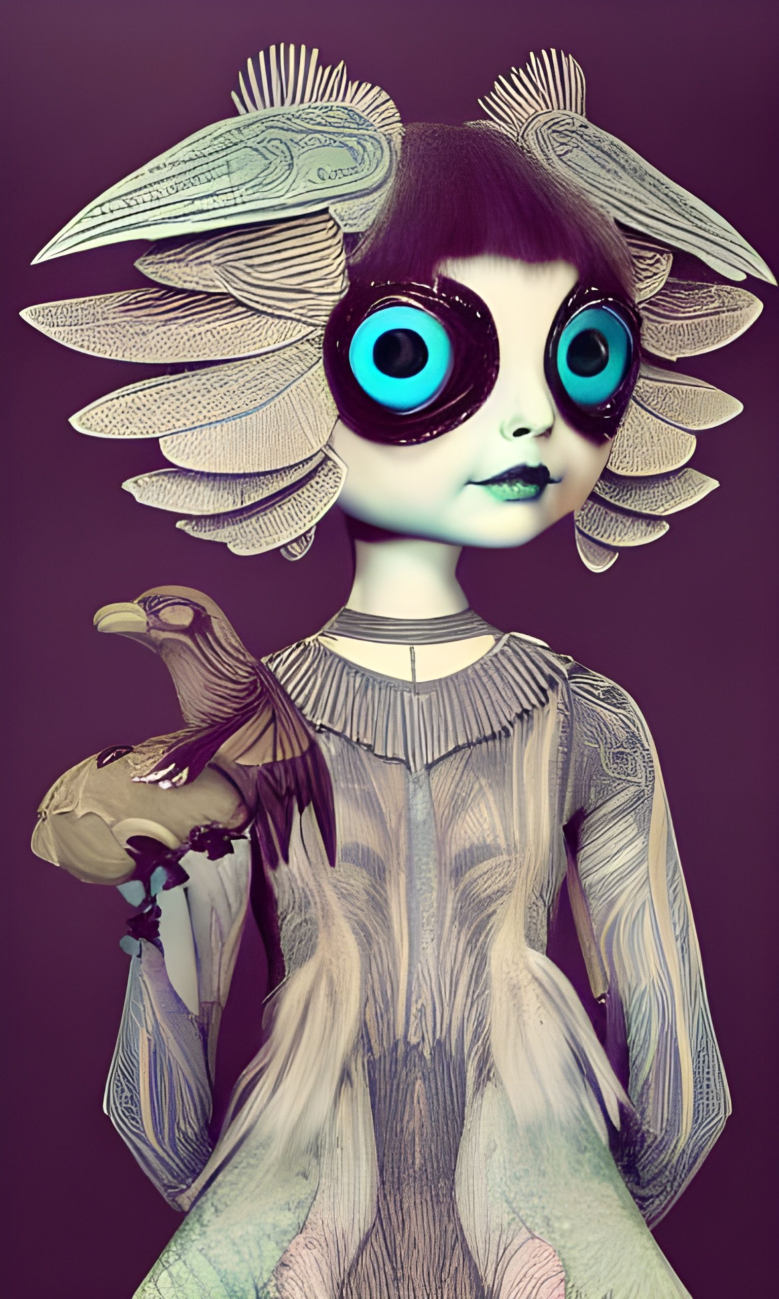 Retrofuturistic Crow Goddess Art Doll in 3D