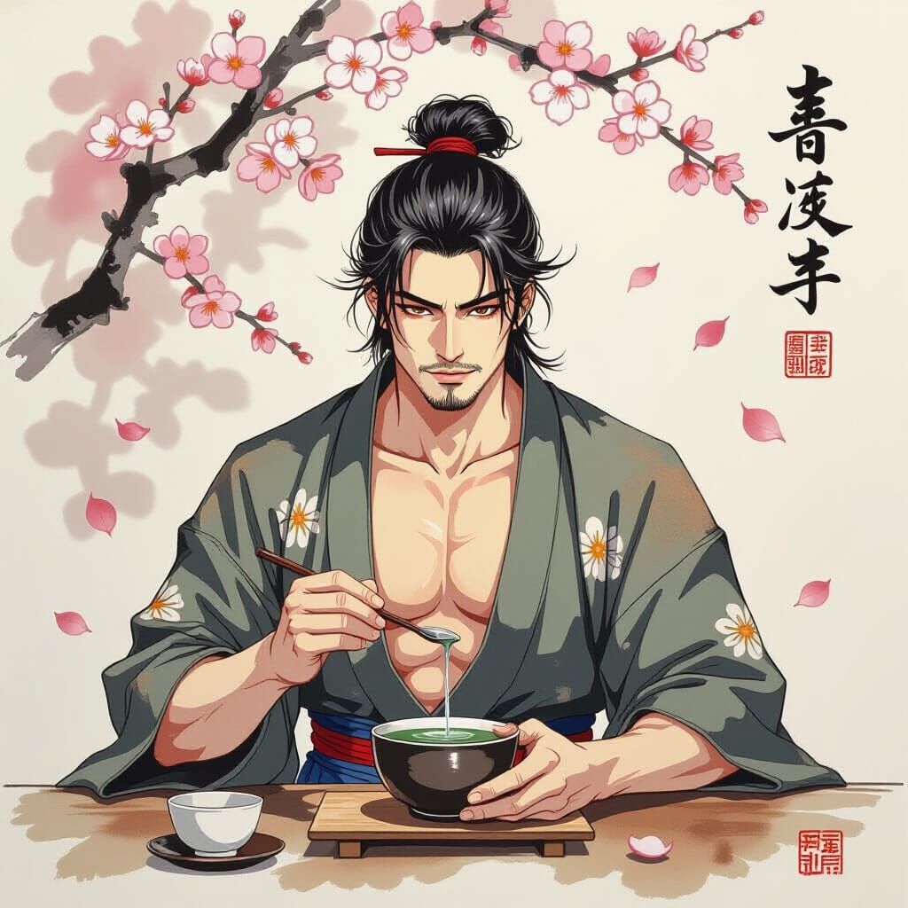 Muscled Japanese Man in Tea House in Ukiyo-e Style