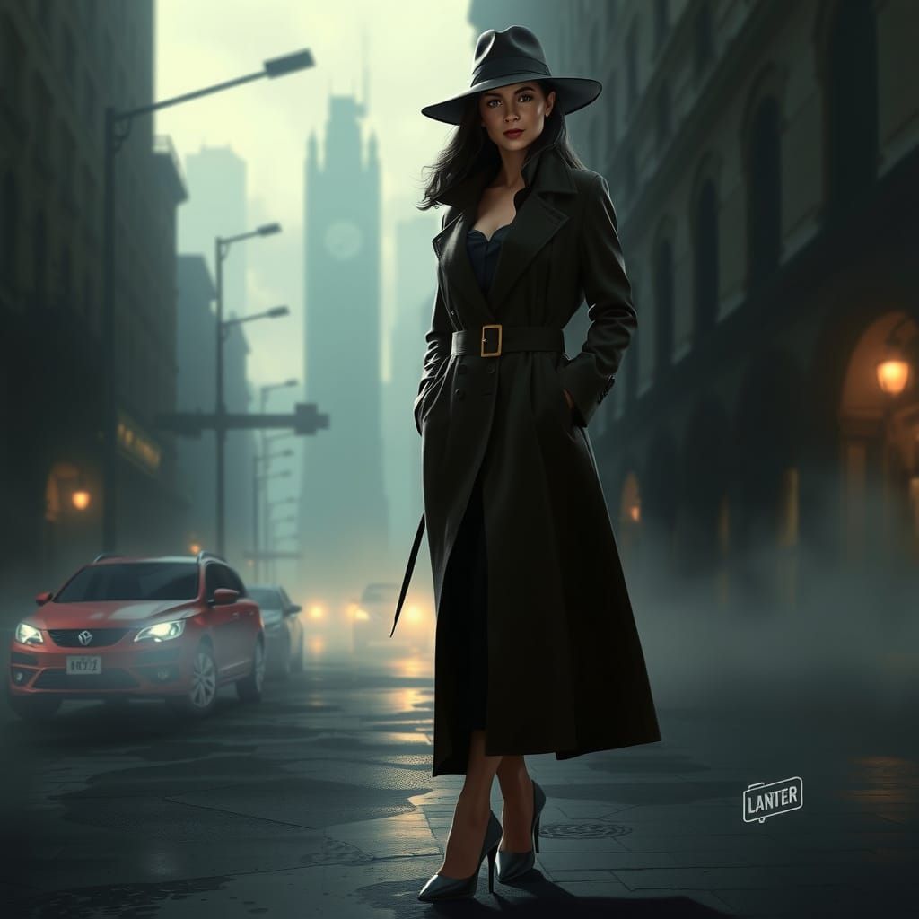 Sophisticated Detective in Film Noir Cityscape