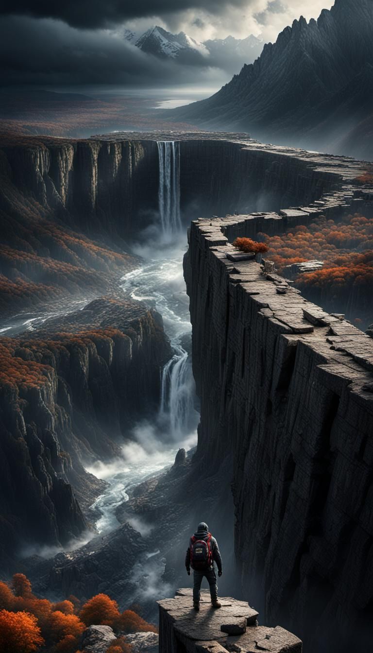 Figure Falling off World's Edge in Hyperrealism