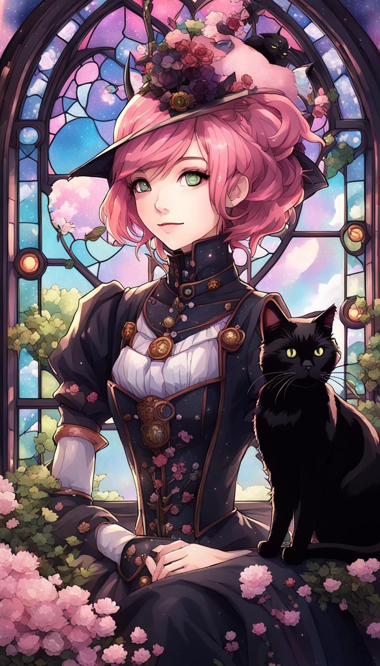 Steampunk Witch with Galaxy Window in Anime Style