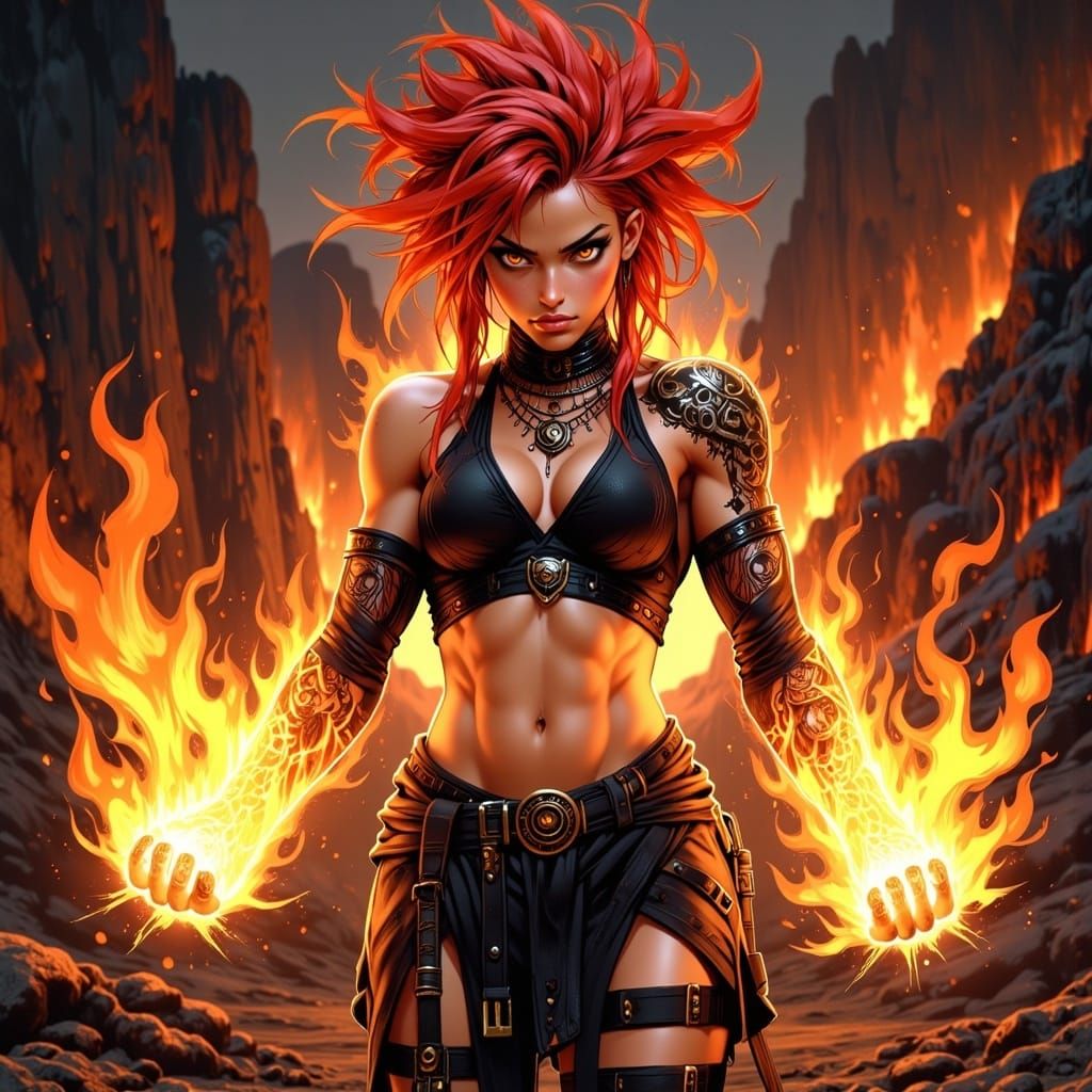 Fierce Anime Fire Warrior in Volcanic Landscape