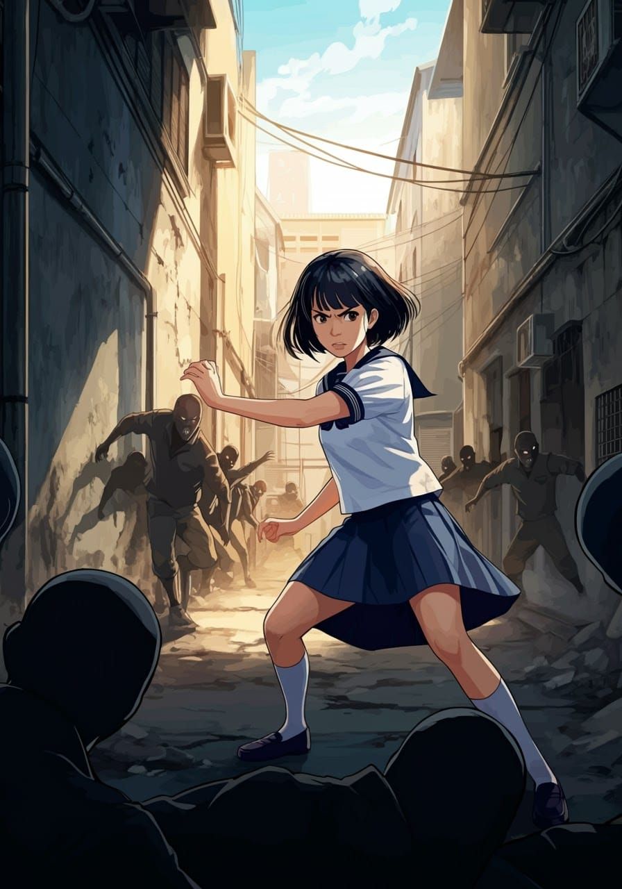 Fearless Girl in City Alleyway: Cel-Shaded Anime Style