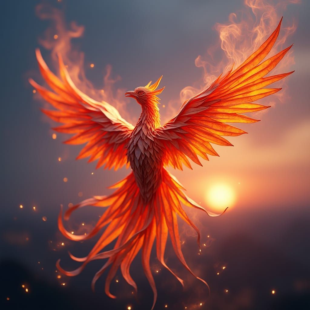 Phoenix Origami Sculpture Soaring at Twilight