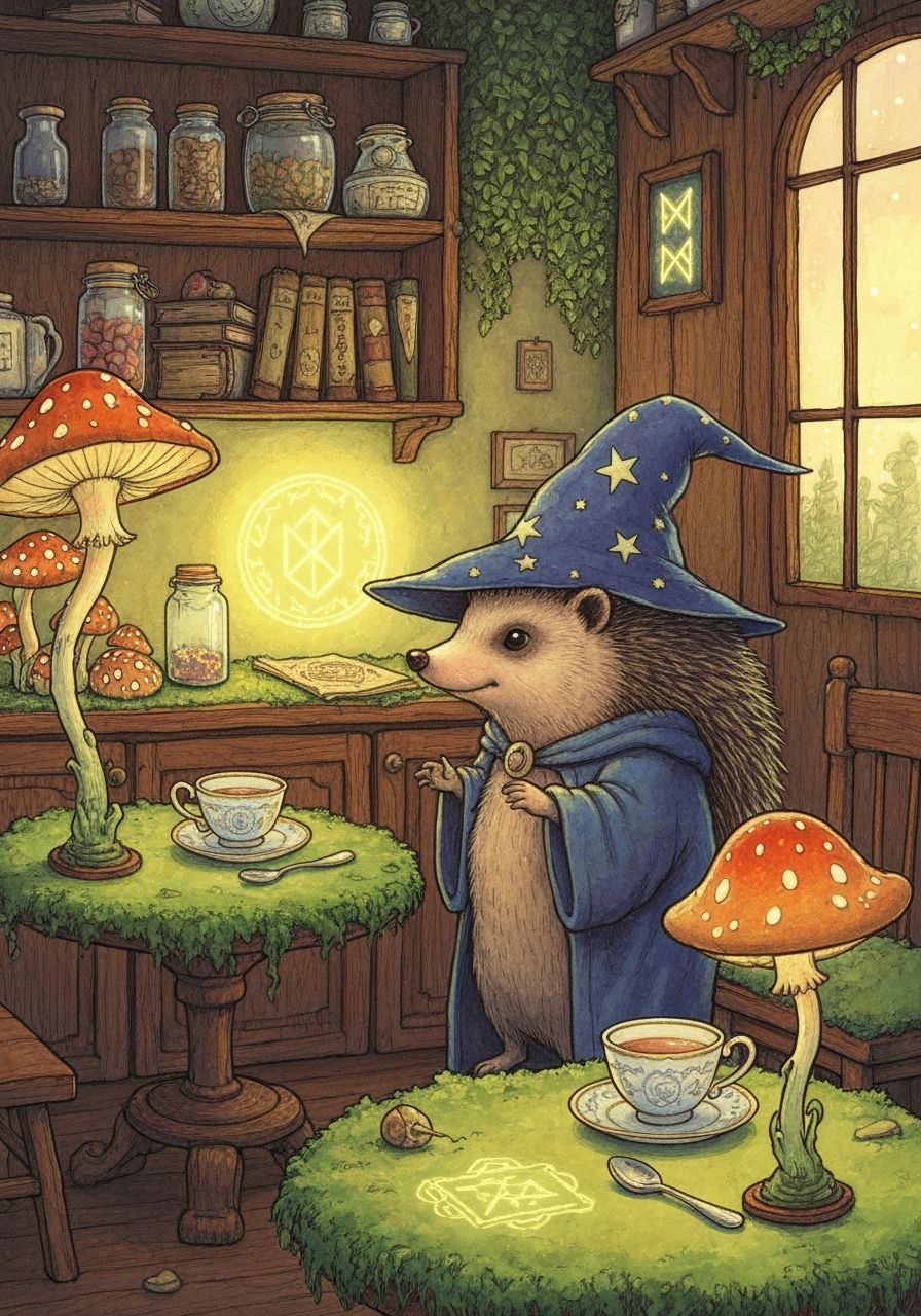 Hedgehog Wizard Cafe: Enchanted Mushroom Lamps & Spellbooks