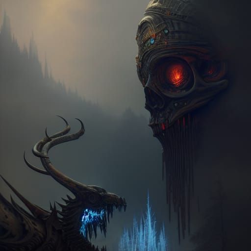 Metallic Skull Sentinel with Flames, Gothic Concept Art