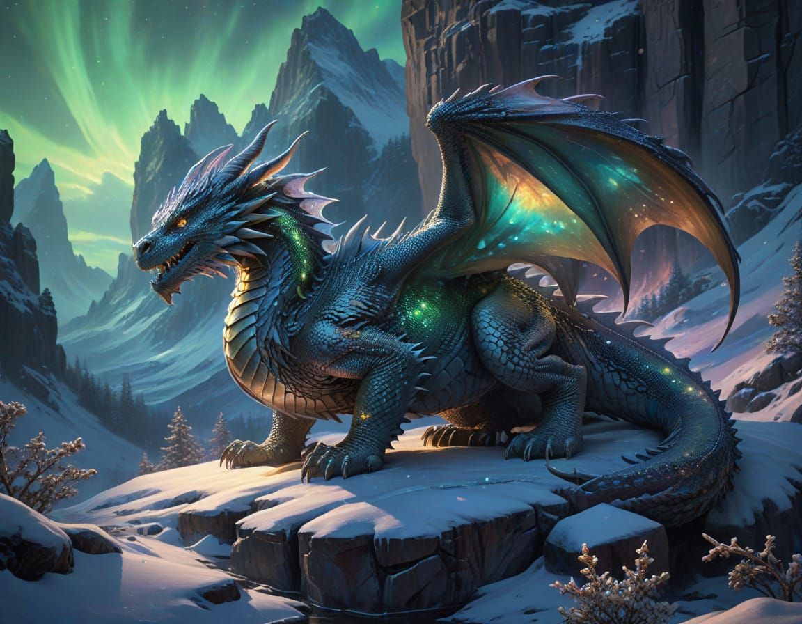 Iridescent Dragon Cradling Kittens in Winter Landscape