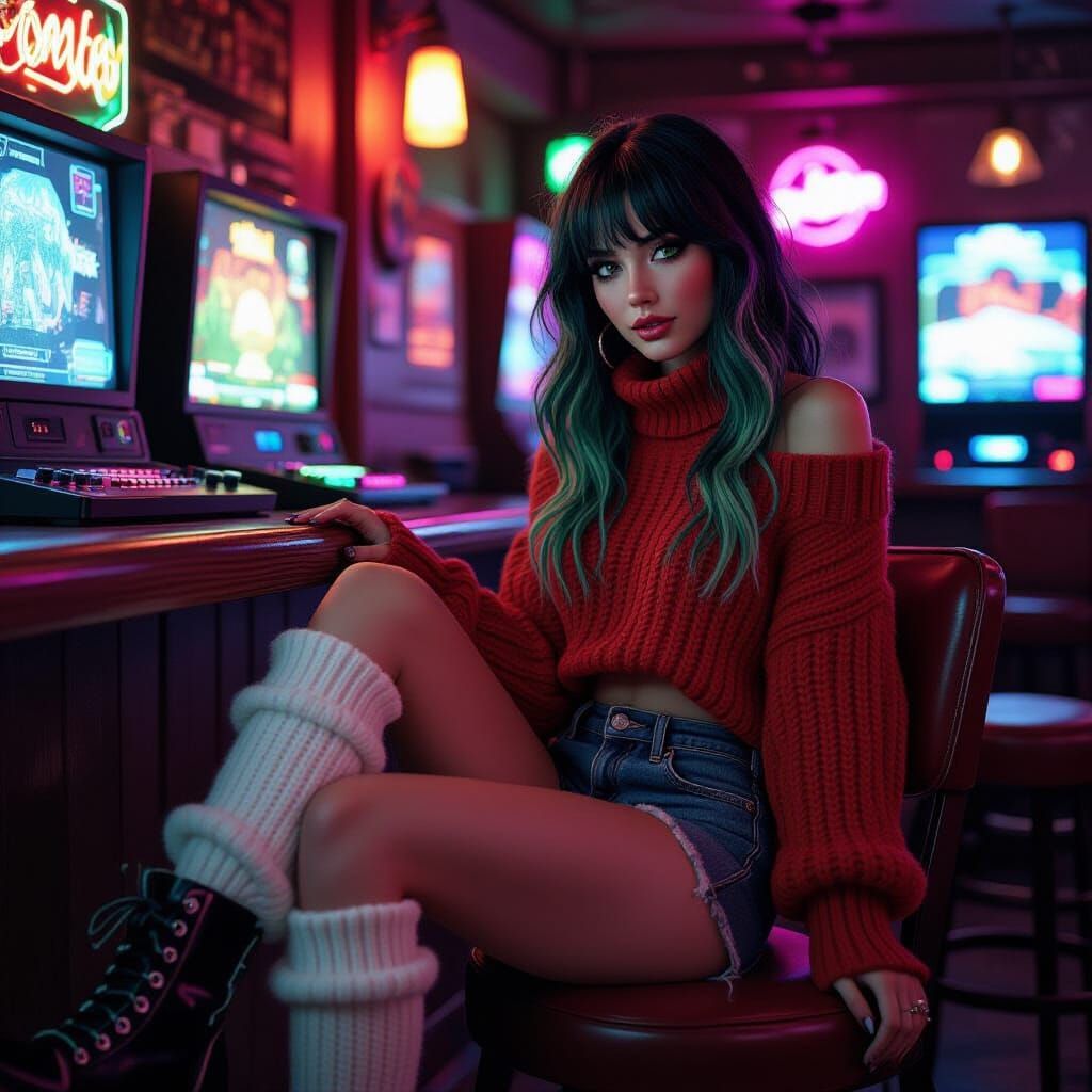 Woman in Neon Bar Playing Video Games