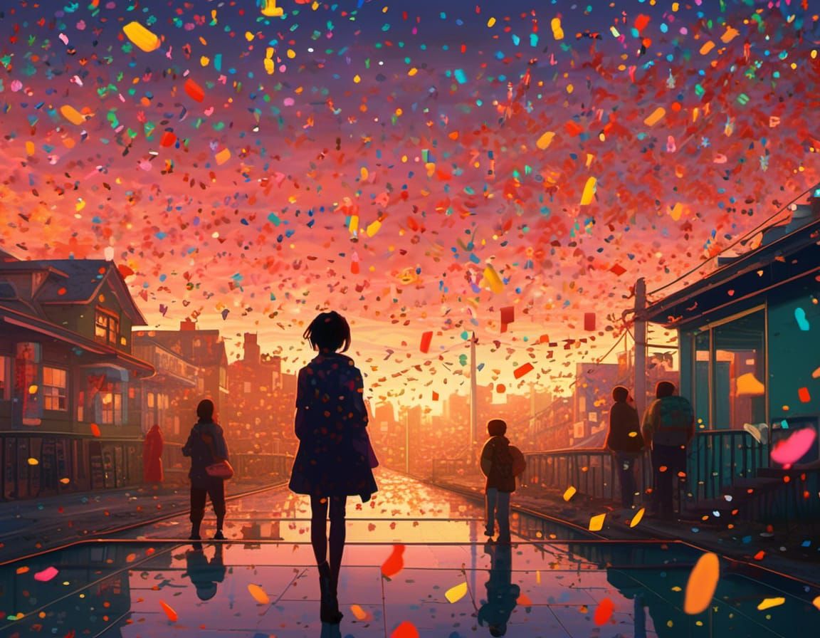Confetti Sunset in 80s Digital Art Style