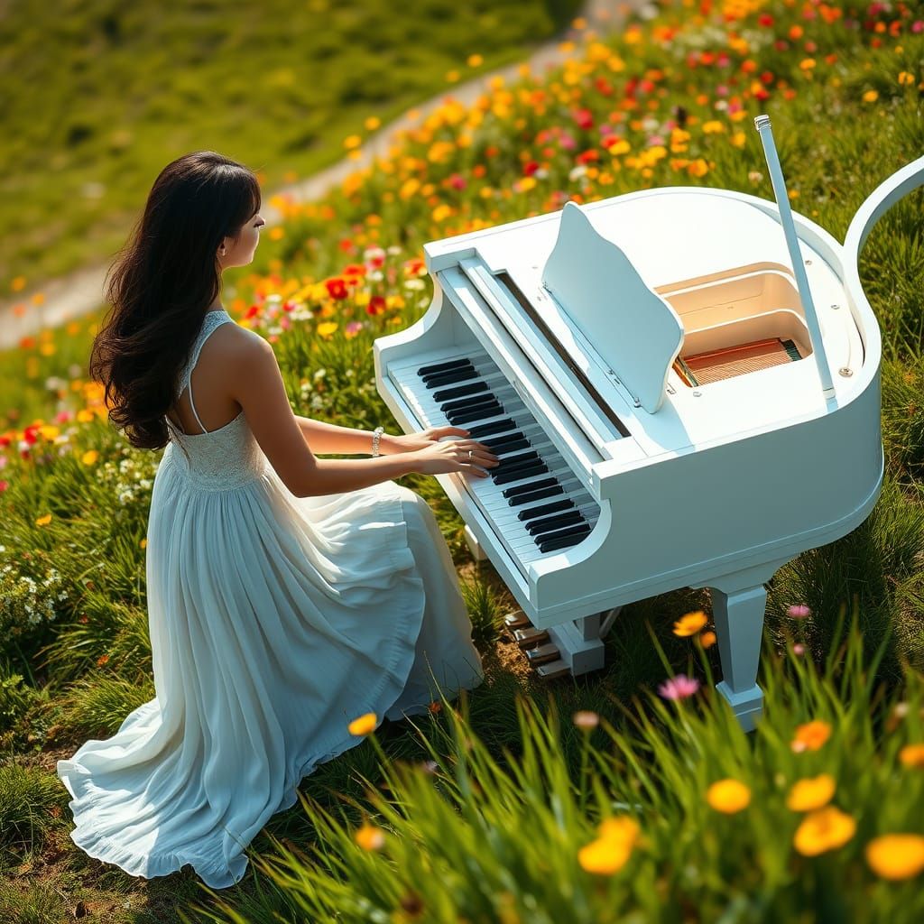 Elegant Woman Plays Piano on Lush Summer Hillside in Hyperre...