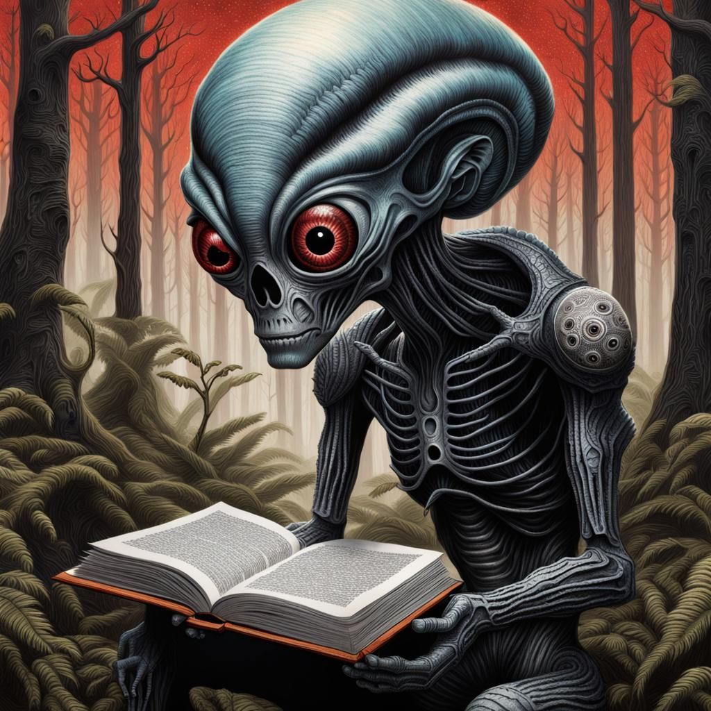 an alien reading a book in a forest, inspired by Dan Hillier, alex grey and romero ressendi, looking directly at the vie...