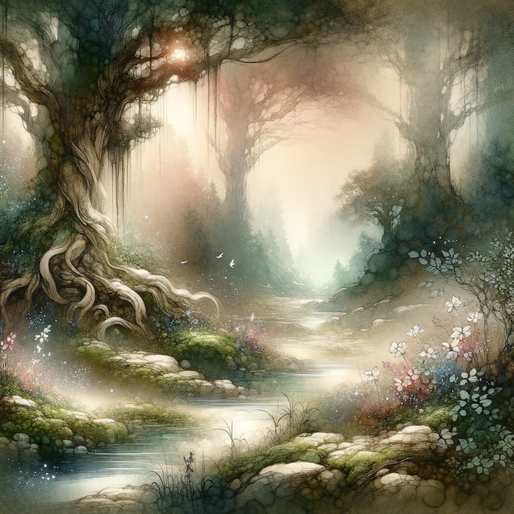 Ethereal Ink Wash Painting of Enchanted Vale