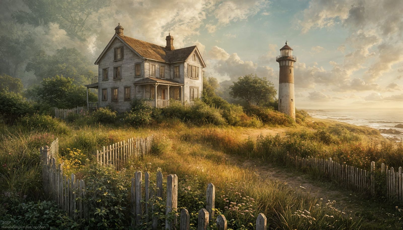 Vintage Lighthouse Home in Foggy Coastal Garden