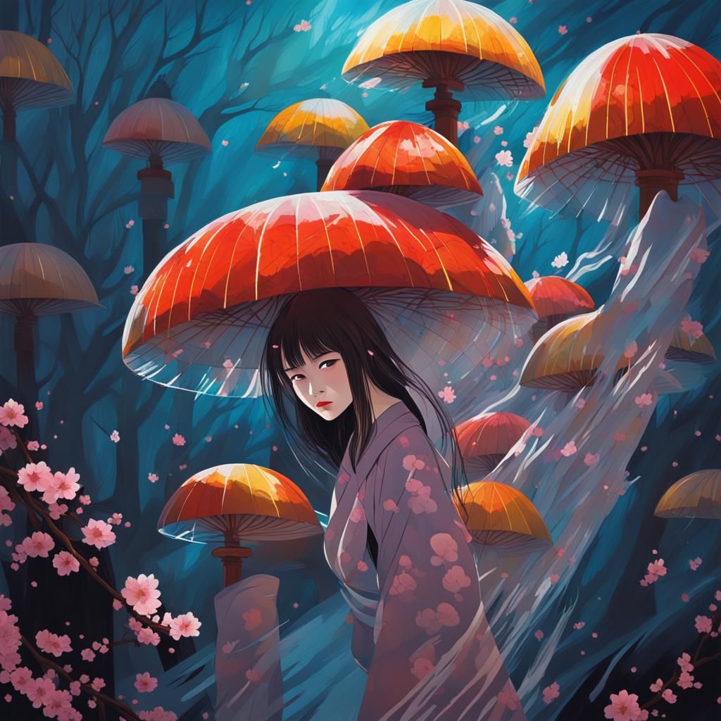 Japanese Woman Under Cherry Blossom Tree