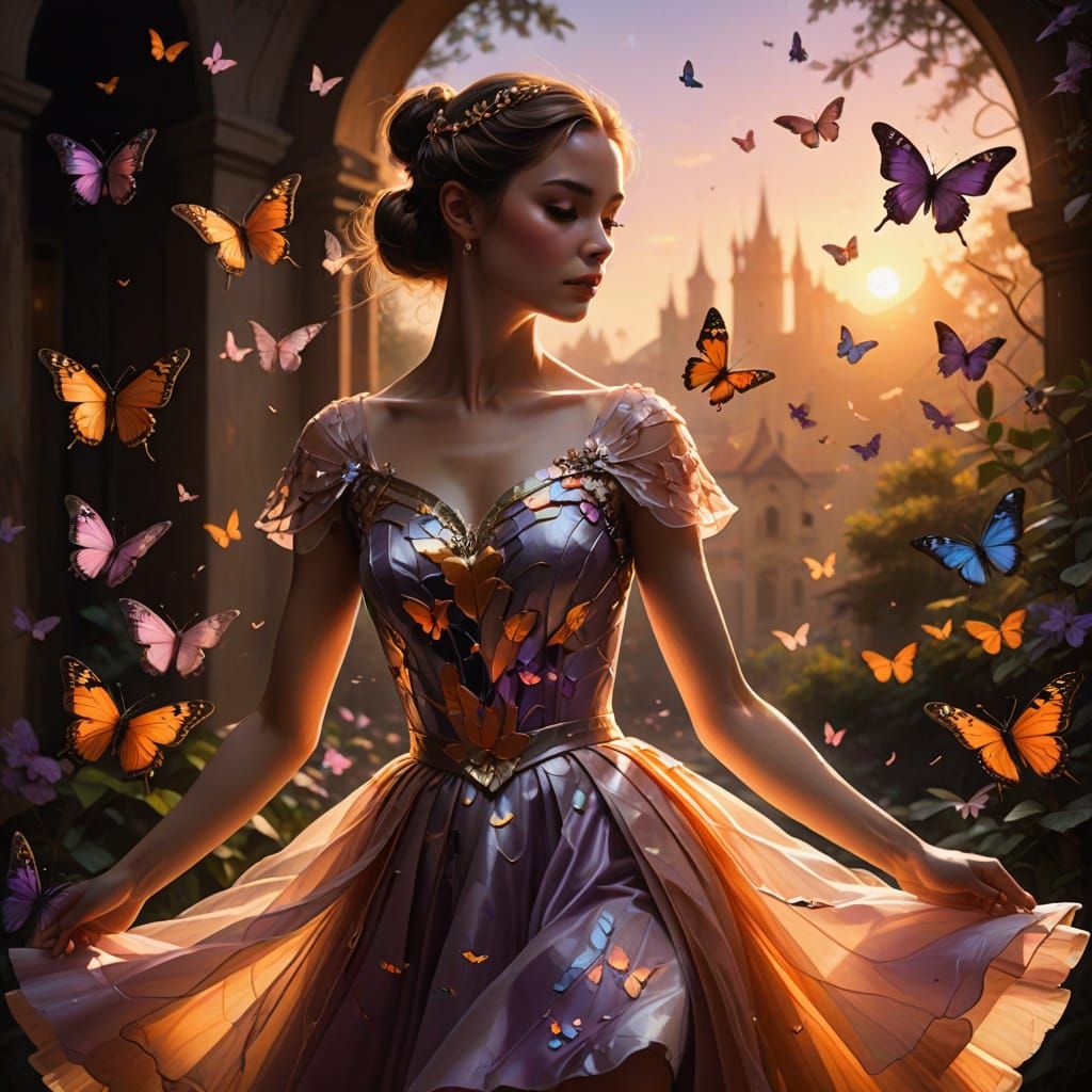 Elegant Ballerina Dancing Amidst Whirling Butterflies at Sun...