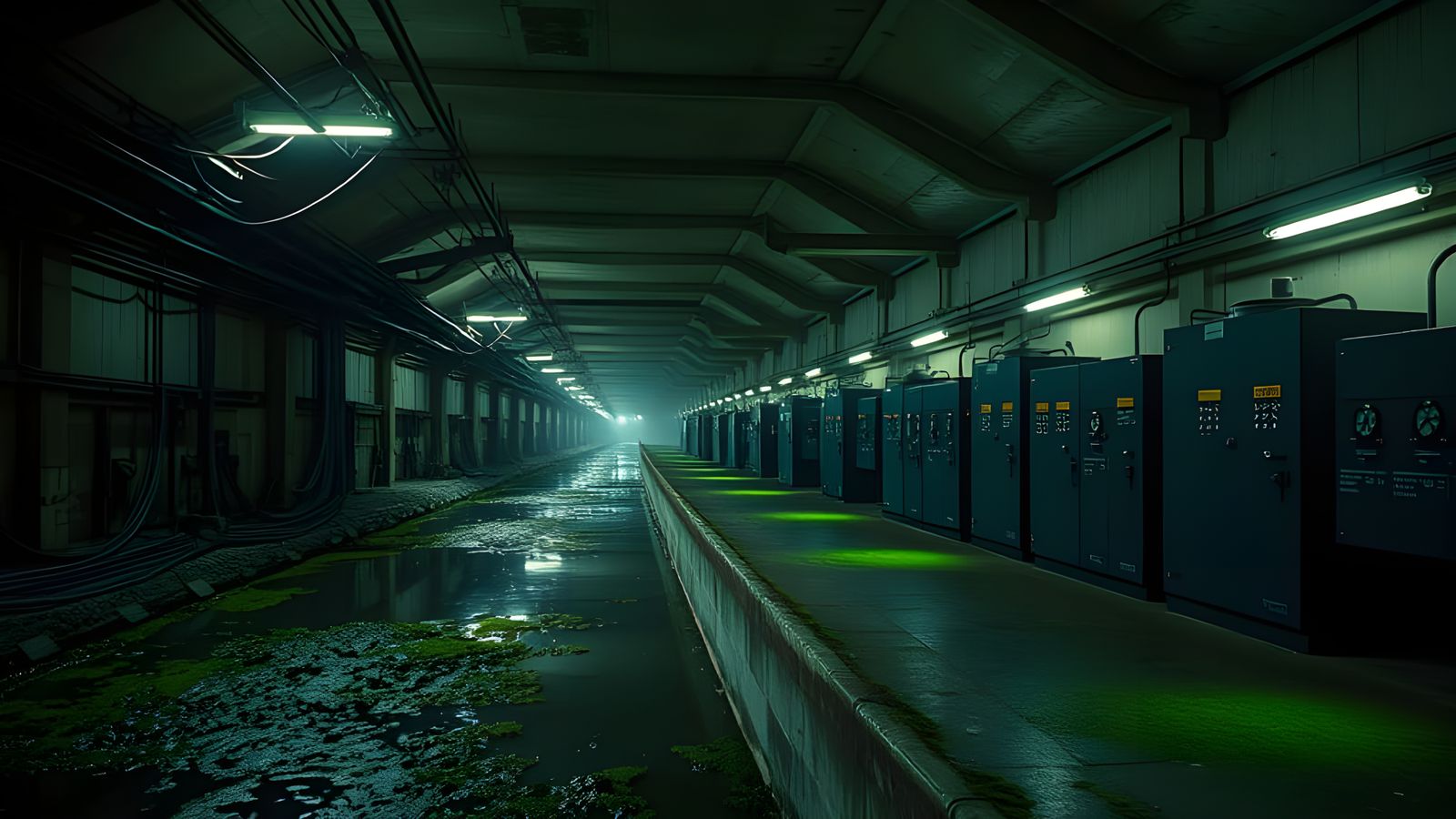 Brutalist Metro Tunnel with Power Cables in Film Still