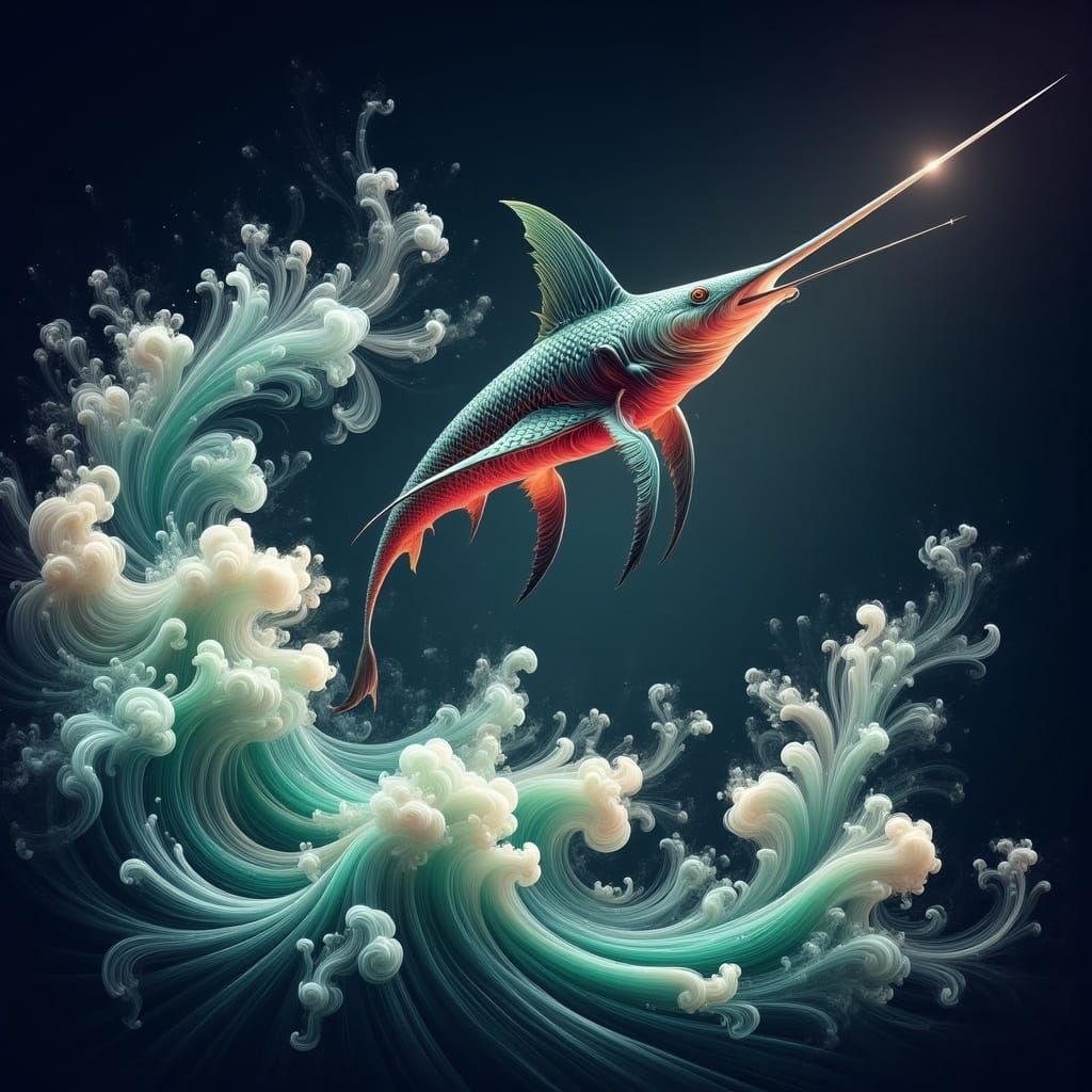 Iridescent Swordfish Breaching Crimson Waves in Digital Art