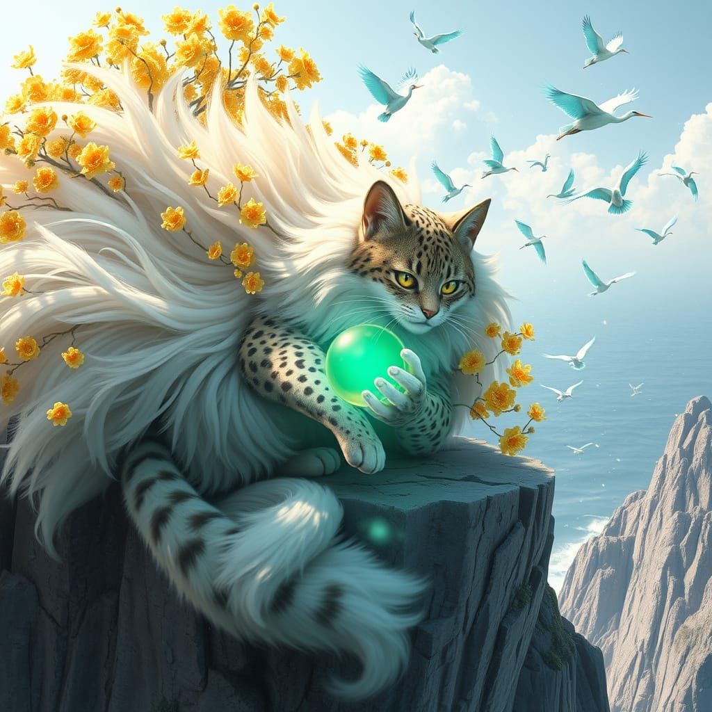 Leopard Cat with Golden Flower Hair and Orb