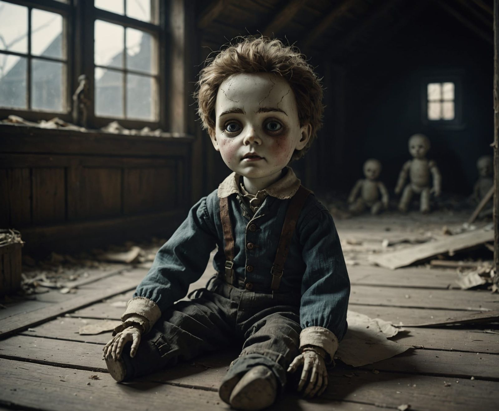 Creepy Doll in Dusty Attic - Gothic Horror Art