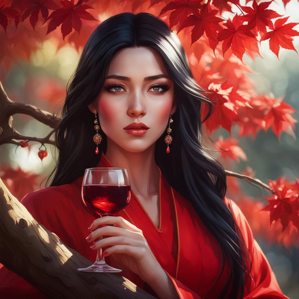 Woman with Wine, Japanese Maple Tree, Digital Art